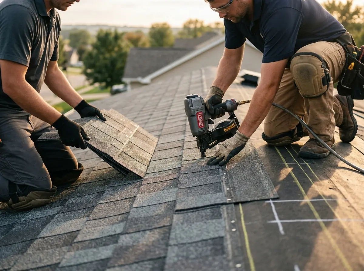 Professional roofer working on a residential roof in Montebello